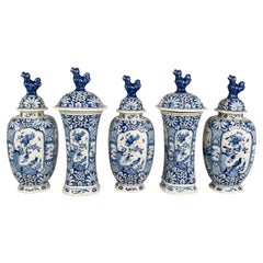 Blue and White Dutch Delft Five Piece Garniture Hand Painted 18th Century C-1760