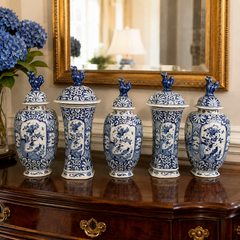 Blue and White Dutch Delft Five Piece Garniture Hand Painted 18th Century C-1760