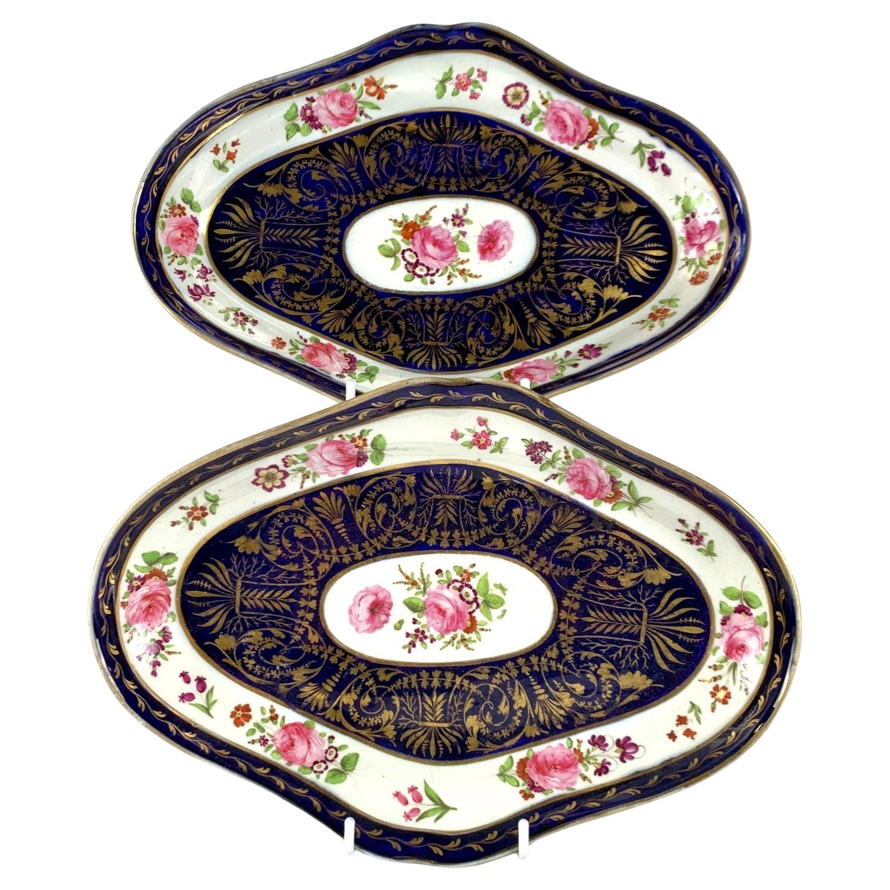 Pair Coalport Cobalt Blue Gilded Dishes Hand Painted with Roses England C-1820