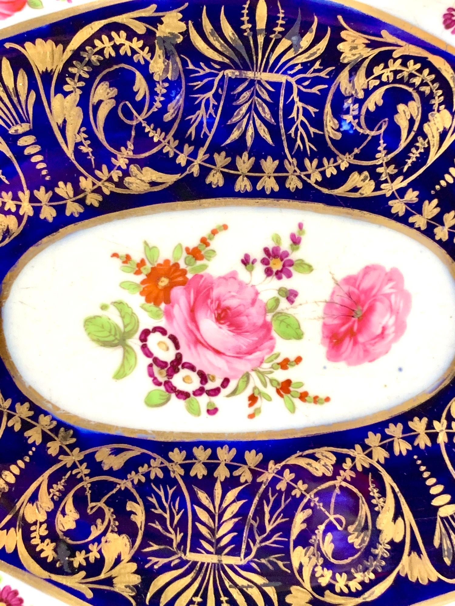 Pair Coalport Cobalt Blue Gilded Dishes Hand Painted with Roses England C-1820 In Good Condition For Sale In Katonah, NY