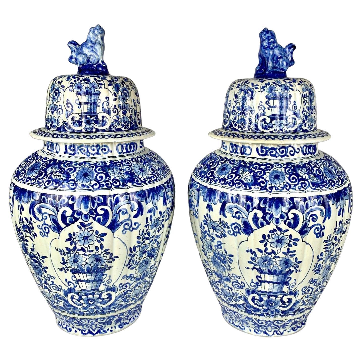 Pair Large Antique Blue and White Delft Jars, Fluted, Netherlands Circa 1880 For Sale