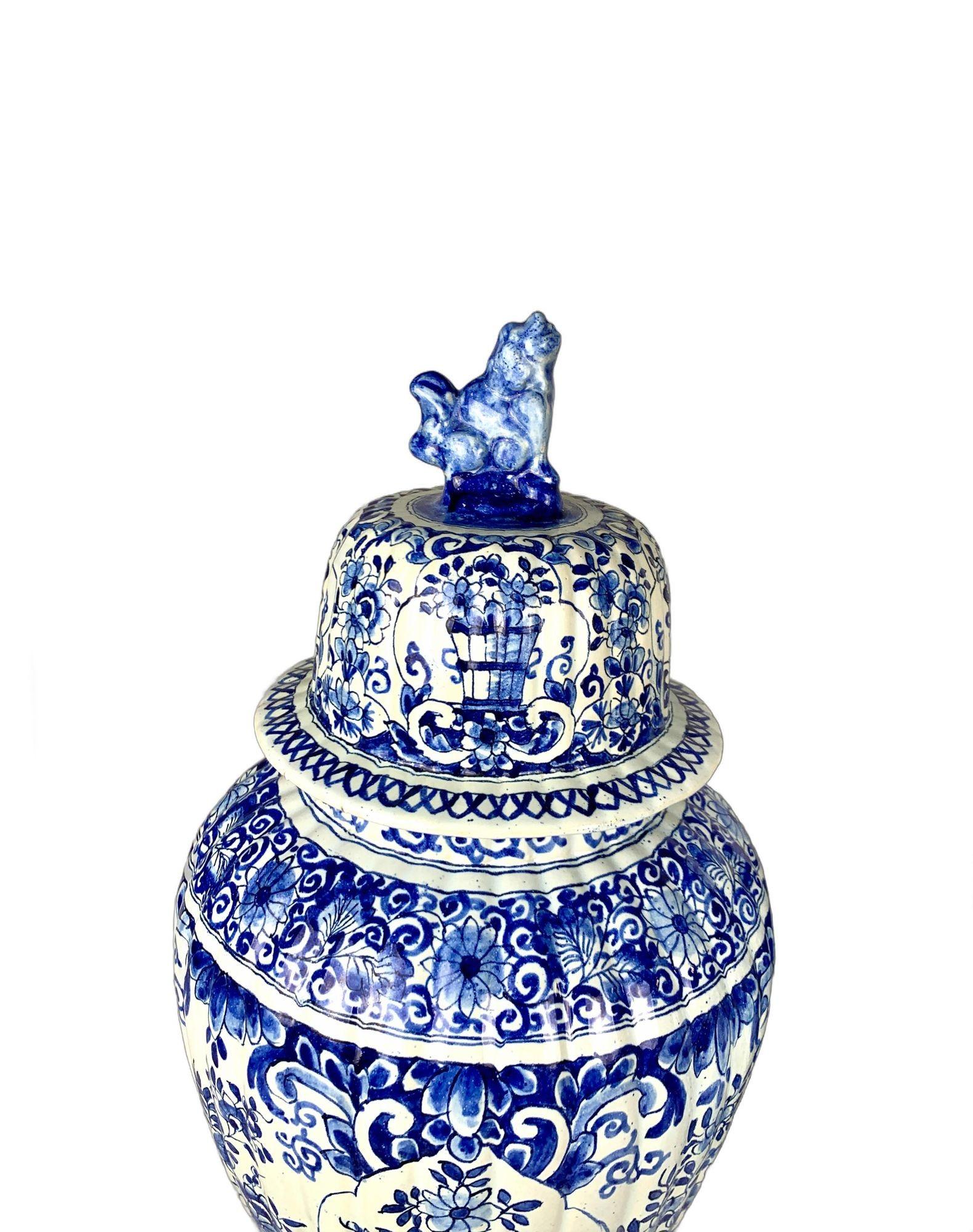 Rococo Pair Large Antique Blue and White Delft Jars, Fluted, Netherlands Circa 1880 For Sale