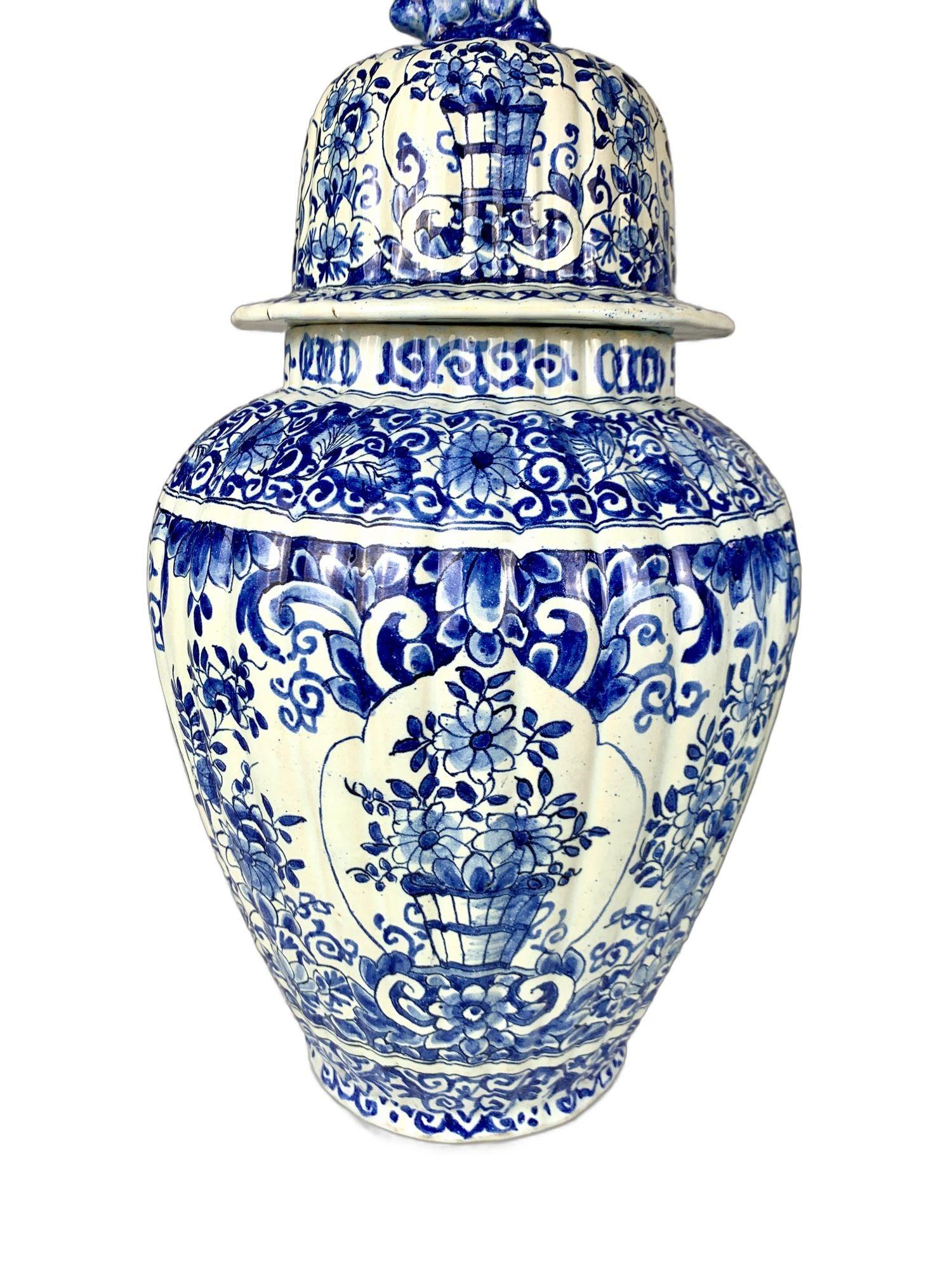 Dutch Pair Large Antique Blue and White Delft Jars, Fluted, Netherlands Circa 1880 For Sale