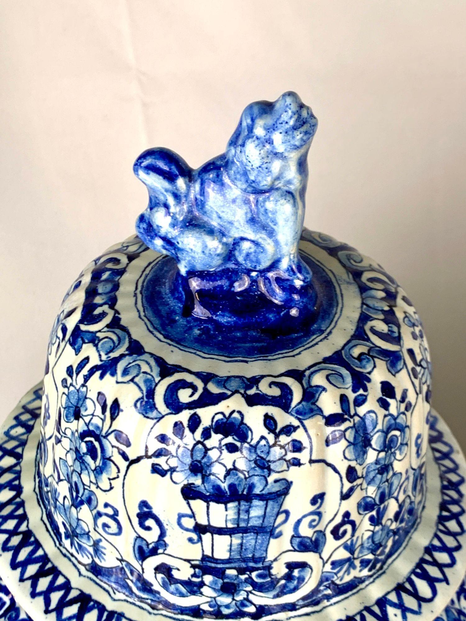 Hand-Painted Pair Large Antique Blue and White Delft Jars, Fluted, Netherlands Circa 1880 For Sale