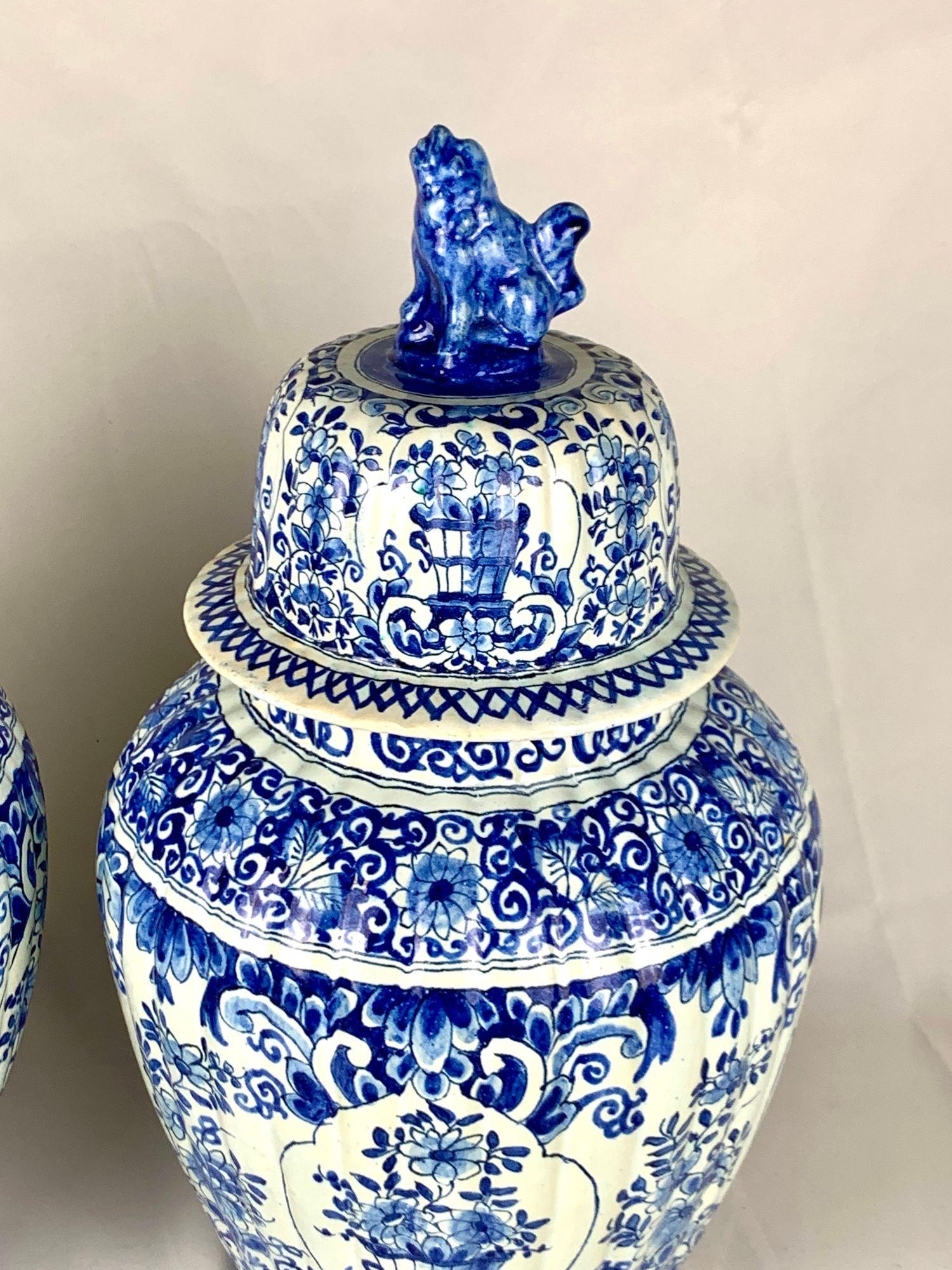 19th Century Pair Large Antique Blue and White Delft Jars, Fluted, Netherlands Circa 1880 For Sale