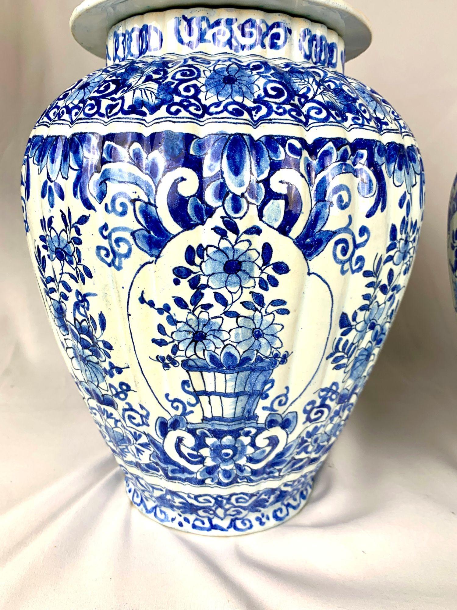 Pair Large Antique Blue and White Delft Jars, Fluted, Netherlands Circa 1880 For Sale 2