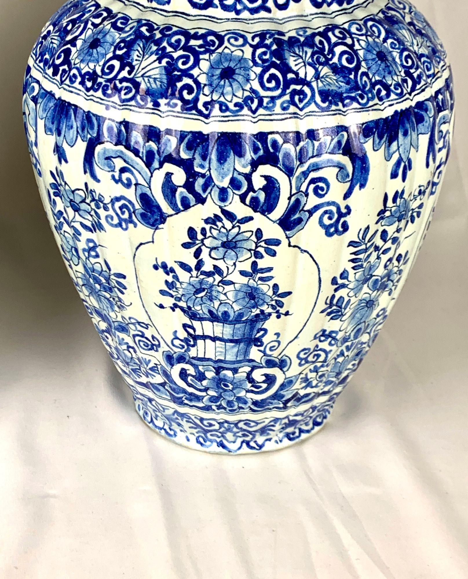 Pair Large Antique Blue and White Delft Jars, Fluted, Netherlands Circa 1880 In Excellent Condition For Sale In Katonah, NY