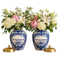 Pair Antique Dutch Delft Blue and White Tobacco Jars Hand Painted Circa 1770