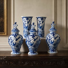 Dutch Delft Blue and White 5 Piece Garniture Hand Painted Three Bells C-1830