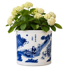 Large Chinese Blue & White Brush Pot Transitional Period Style Hand Painted 1878