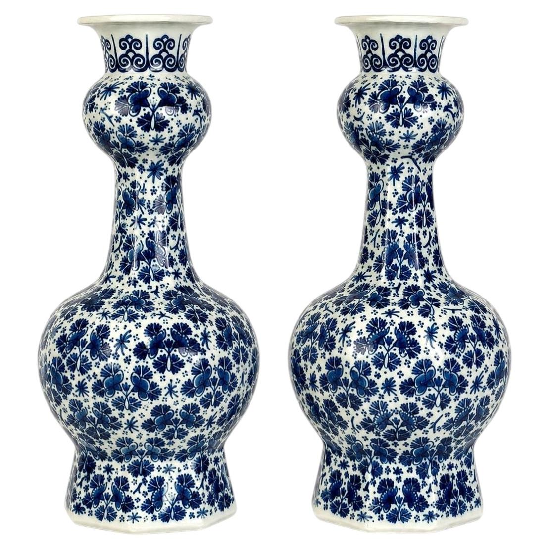 Pair Blue and White Dutch Delft Hand Painted Vases Thousand Flowers Style C-1765