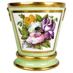 English Porcelain Apple Green Cachepot Jardiniere with Stand Hand Painted C-1825