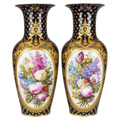 Pair Large Porcelain Vases French Vieux Paris (Old Paris) Hand Painted c. 1860