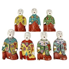 Seven Chinese Porcelain Laughing Boy Figures Hand Painted in Famille Rose C 1850