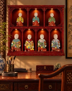 Seven Chinese Porcelain Laughing Boy Figures Hand Painted in Famille Rose C 1850