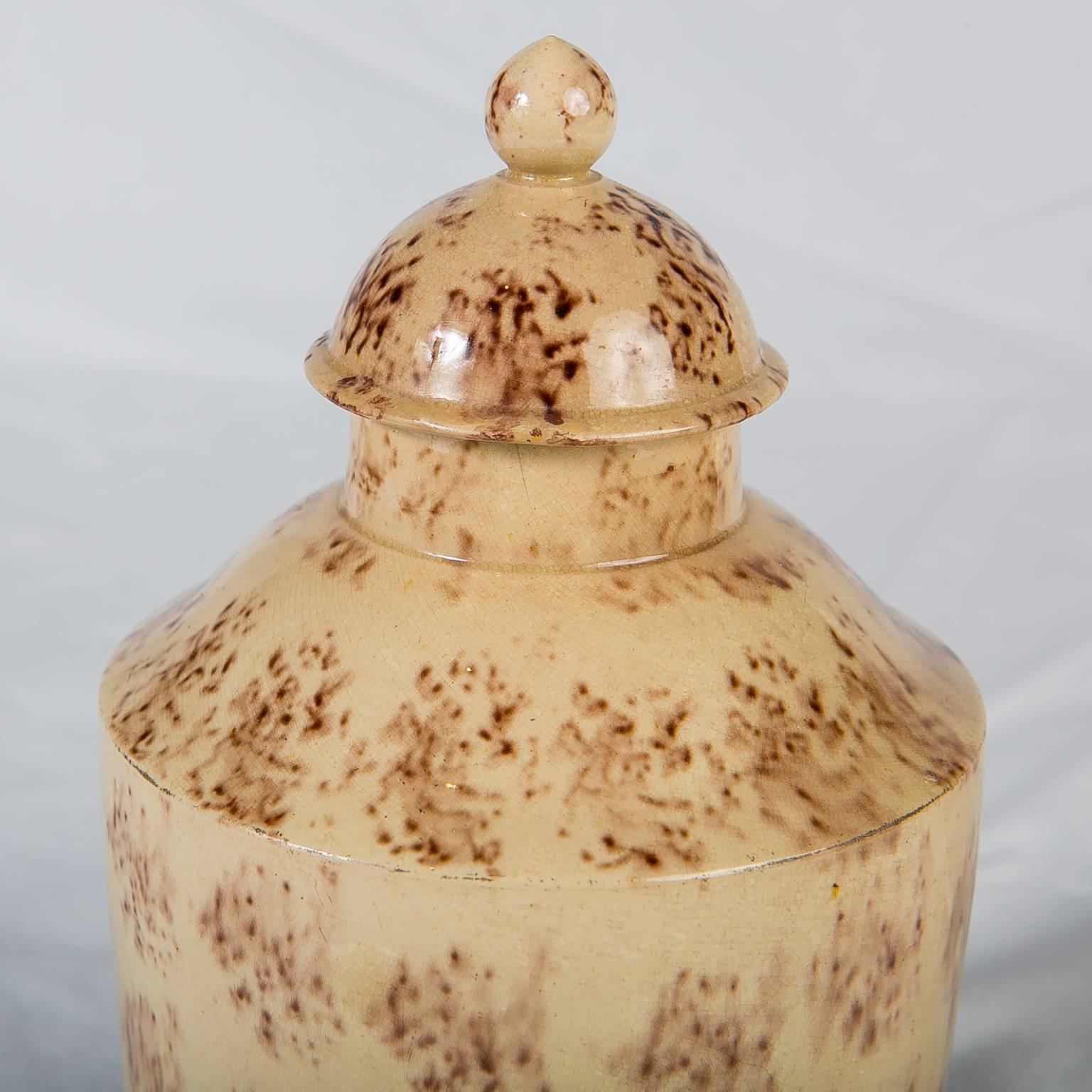 Antique Creamware Tea Caddy with Sponged Decoration In Excellent Condition In Katonah, NY