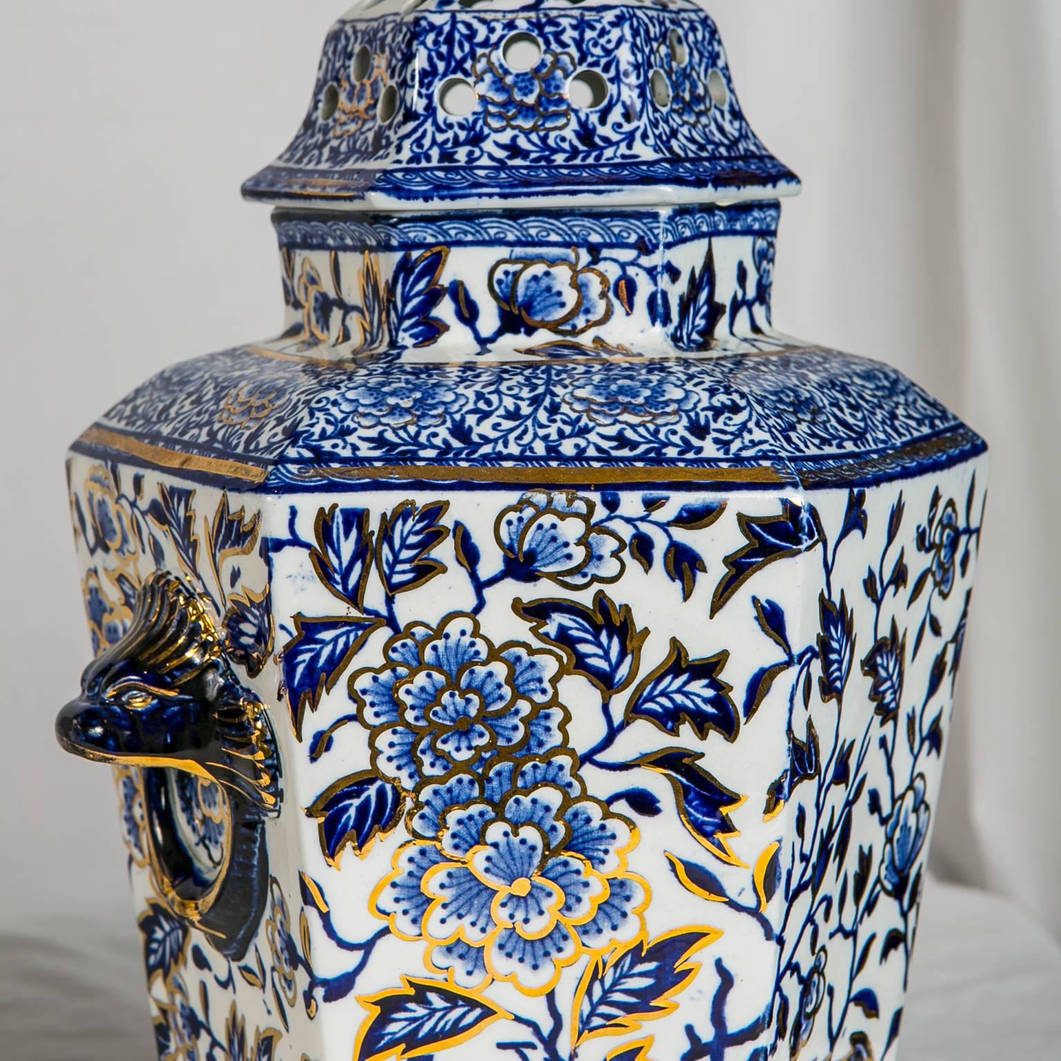 Enameled Pair of Blue and White Jars Made in England circa 1820