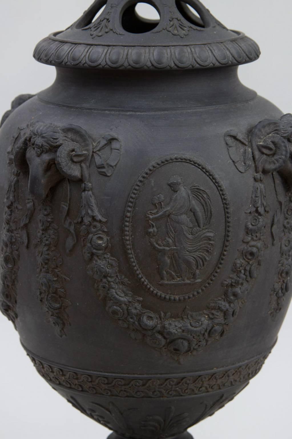 Neoclassical Wedgwood Black Basalt Urns Made in England circa 1820