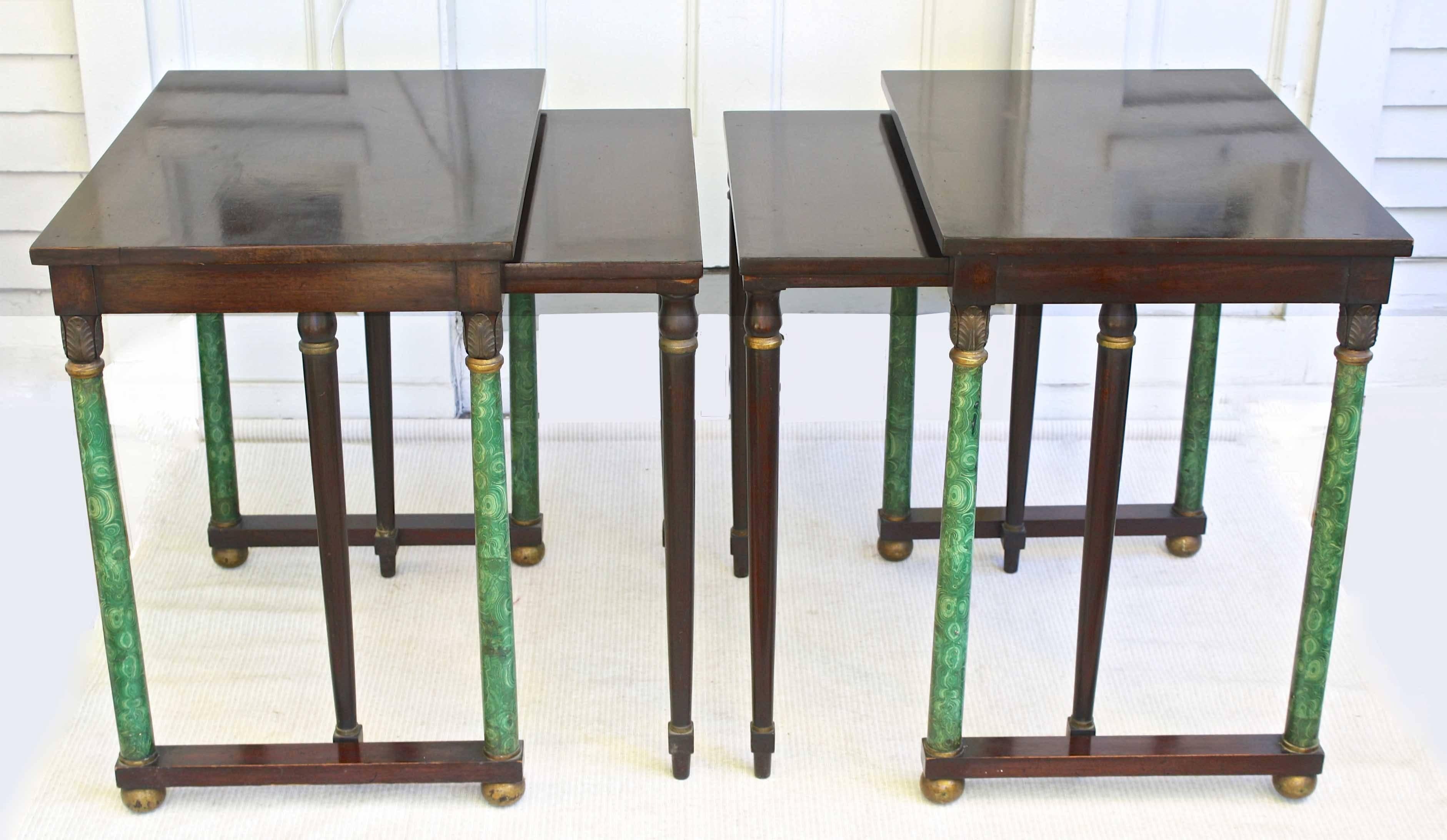 Bench made possibly bespoke pair of First Empire Revival nesting tables; each usable as sofa end tables. May also be placed back-to-back for use as a center table (suggested by Image 6), measuring 40 inches by 28 inches.
Measurements of each of the