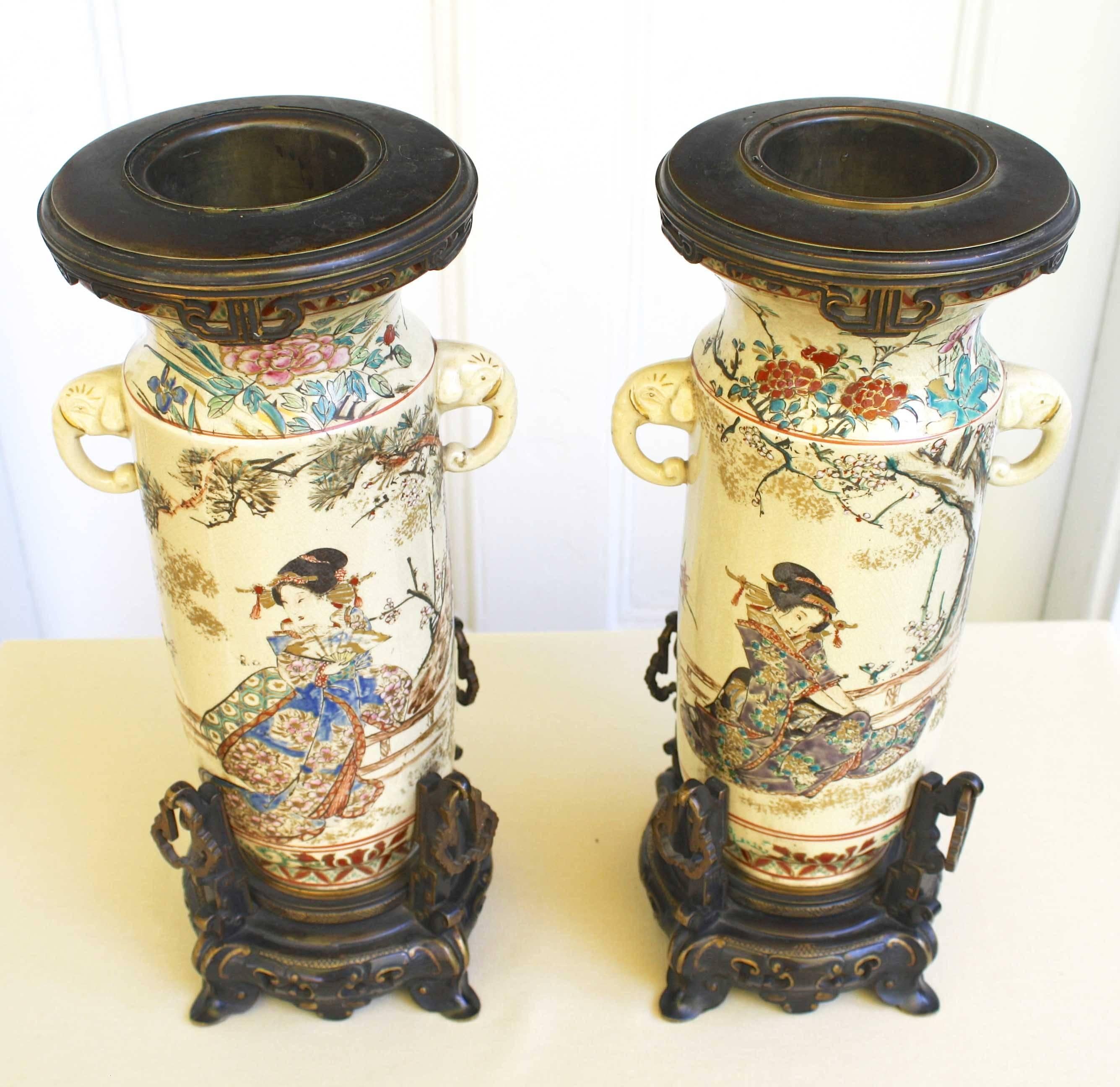 Hand-Crafted PAIR of Japanese Satsuma Vases For Sale