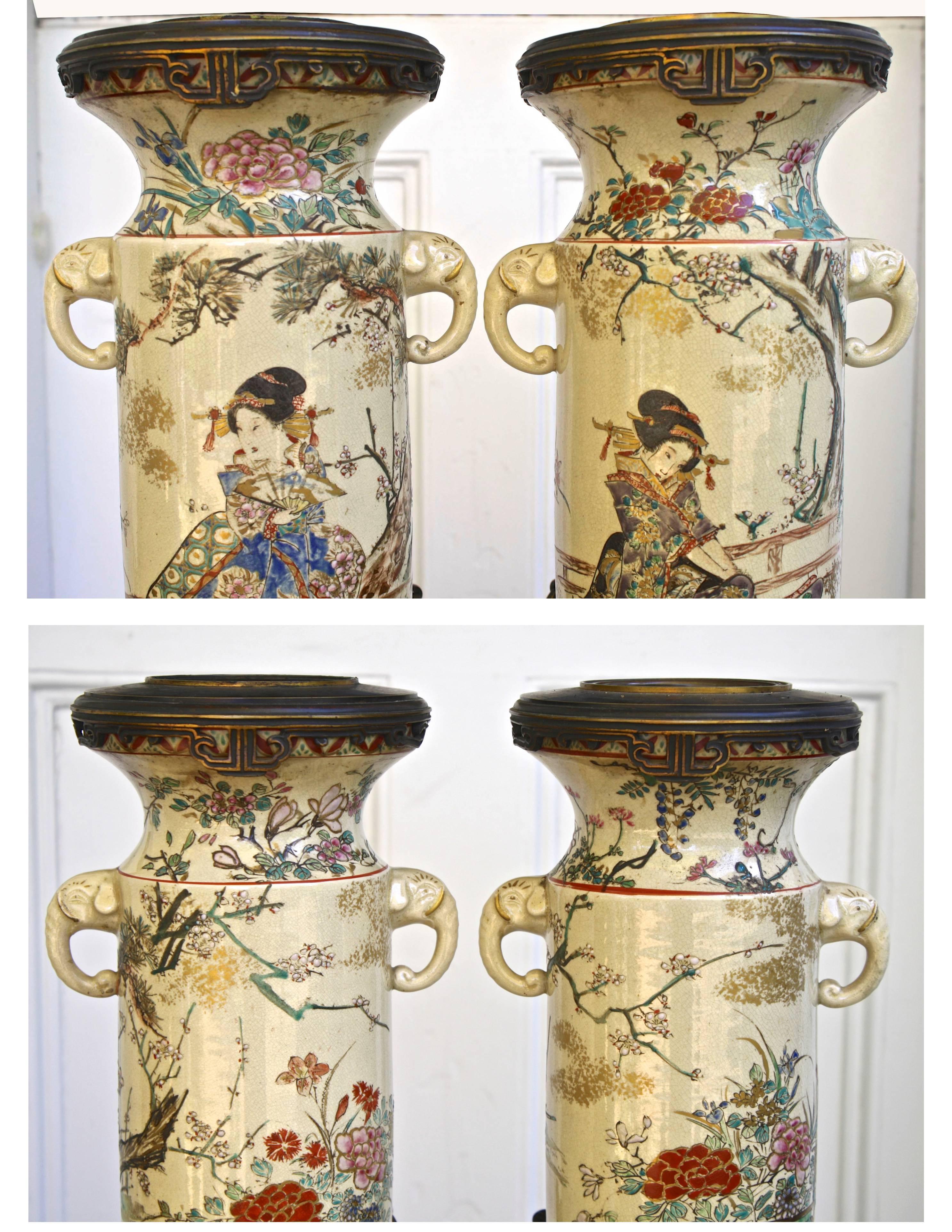 PAIR of Japanese Satsuma Vases In Excellent Condition For Sale In Woodbury, CT
