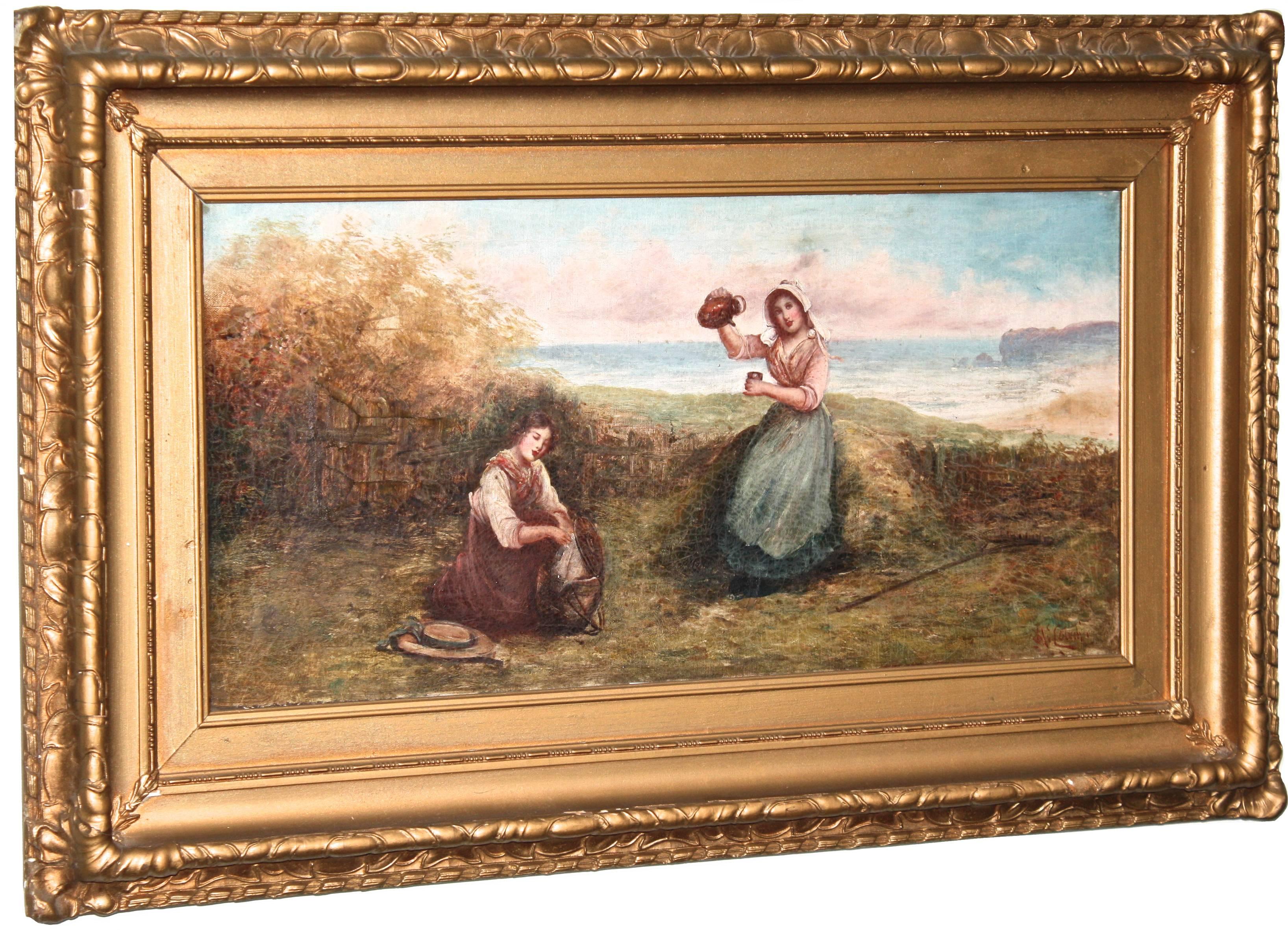 A bucolic oil painting of two maidens picnicking at a seaside cove. British painter John Andrew McColvin 1864-1920, was born in Winlaton, Durham. In the 1881 Census, he was living in Newcastle and was an apprentice jeweler. By 1891 was living in