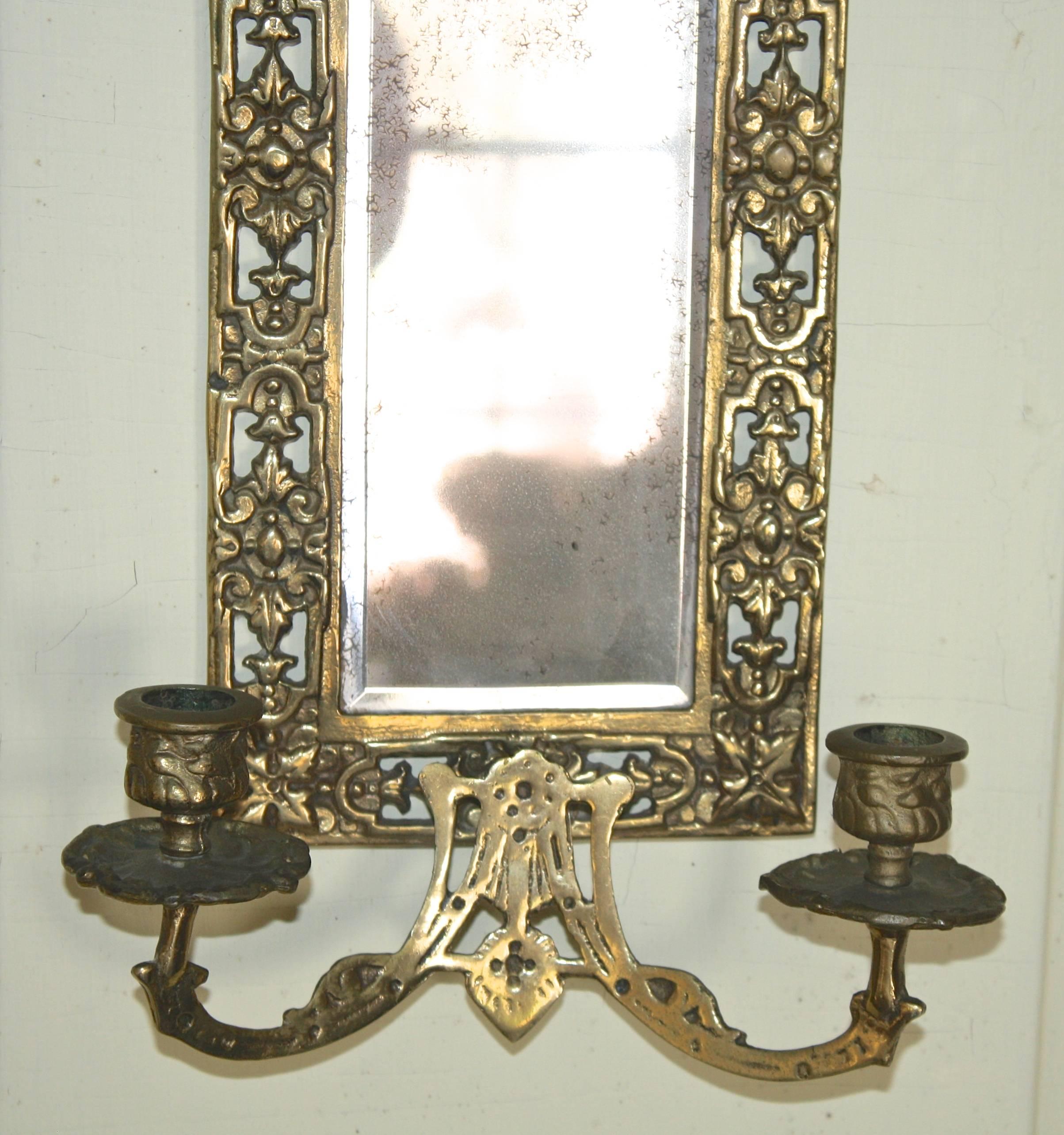 Neoclassical Revival PAIR Neoclassical Brass Mirrored Candle Sconces For Sale