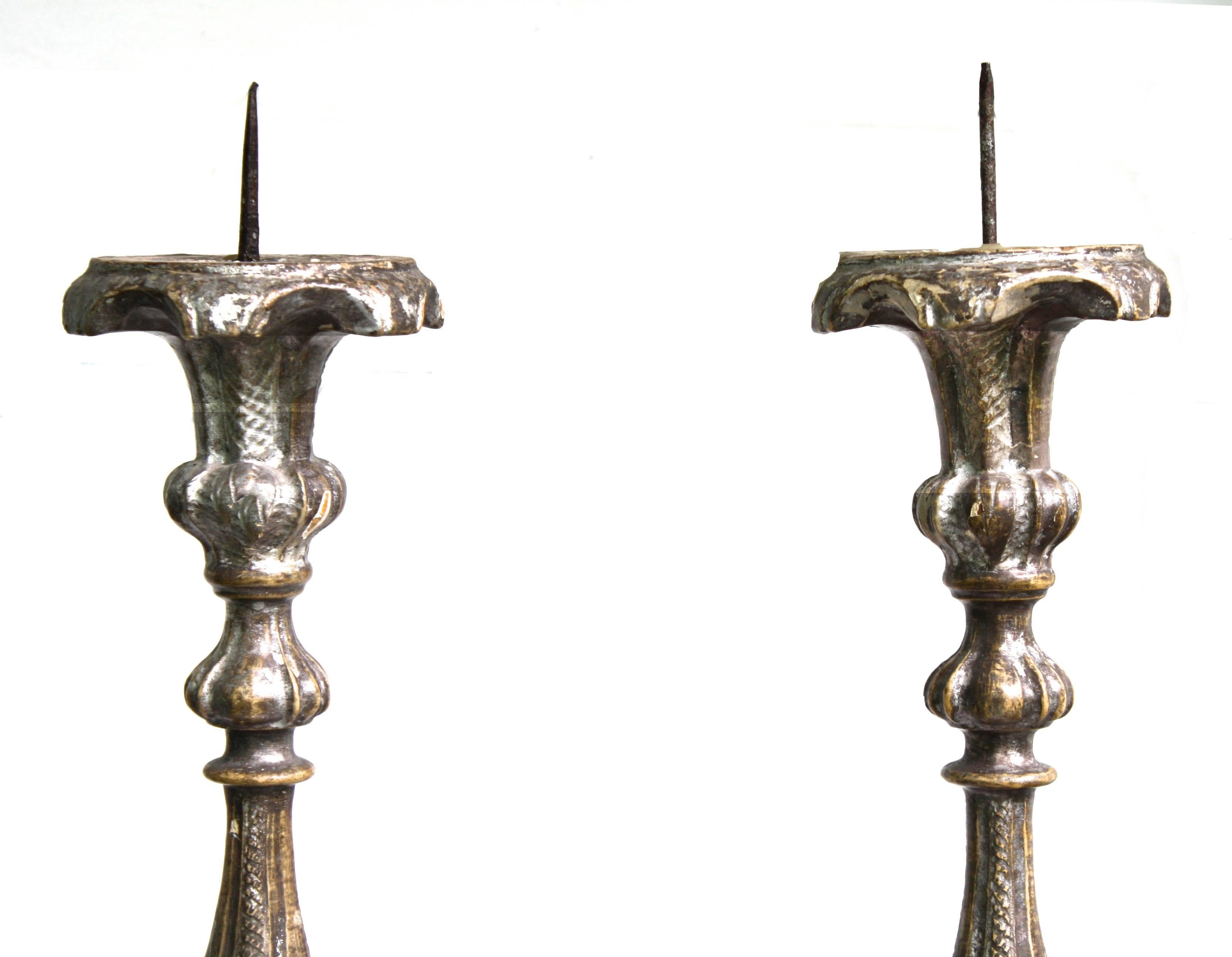 Hand-Carved PAIR Italian Baroque Silver Gilt Prickets For Sale