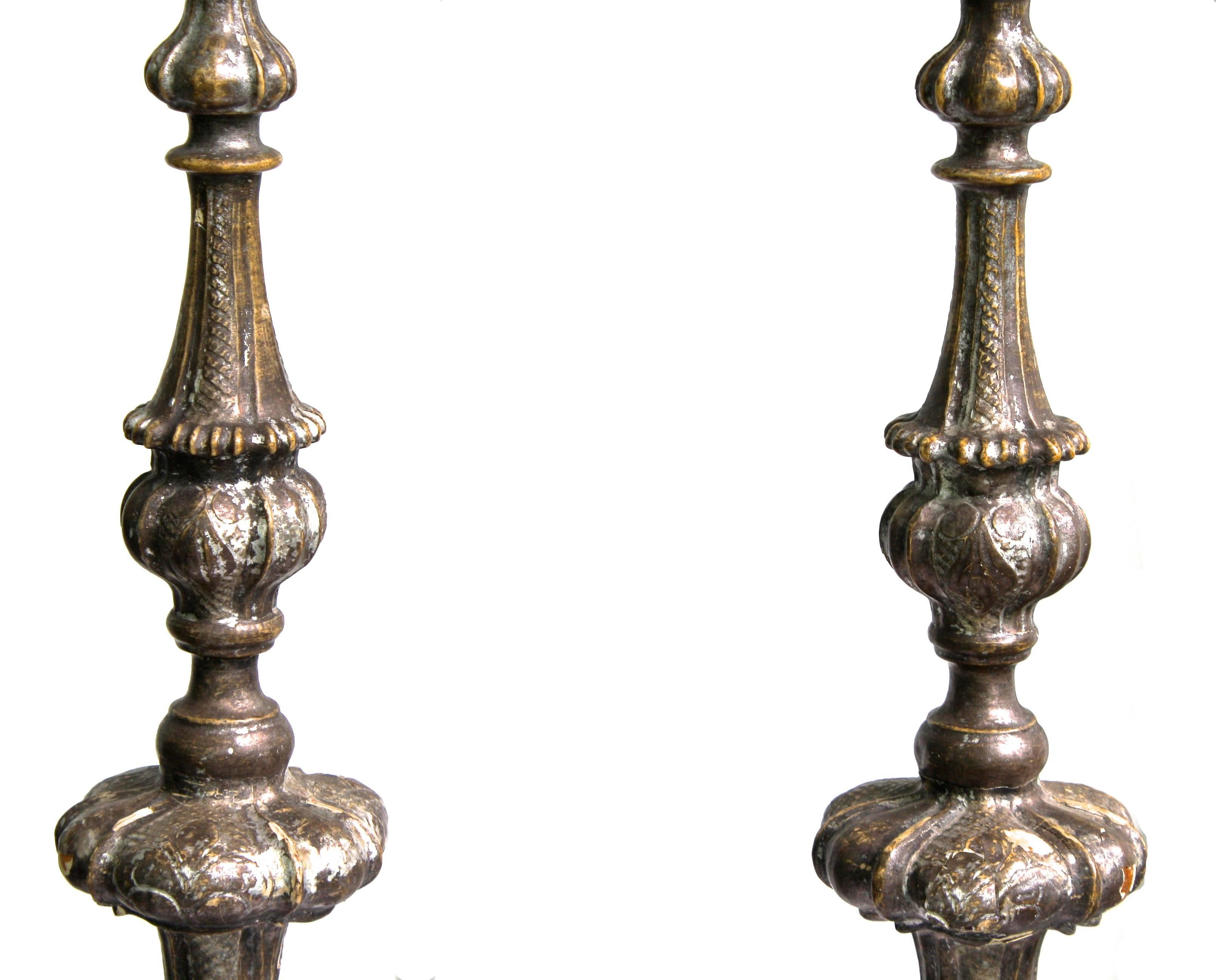 PAIR Italian Baroque Silver Gilt Prickets In Good Condition For Sale In Woodbury, CT
