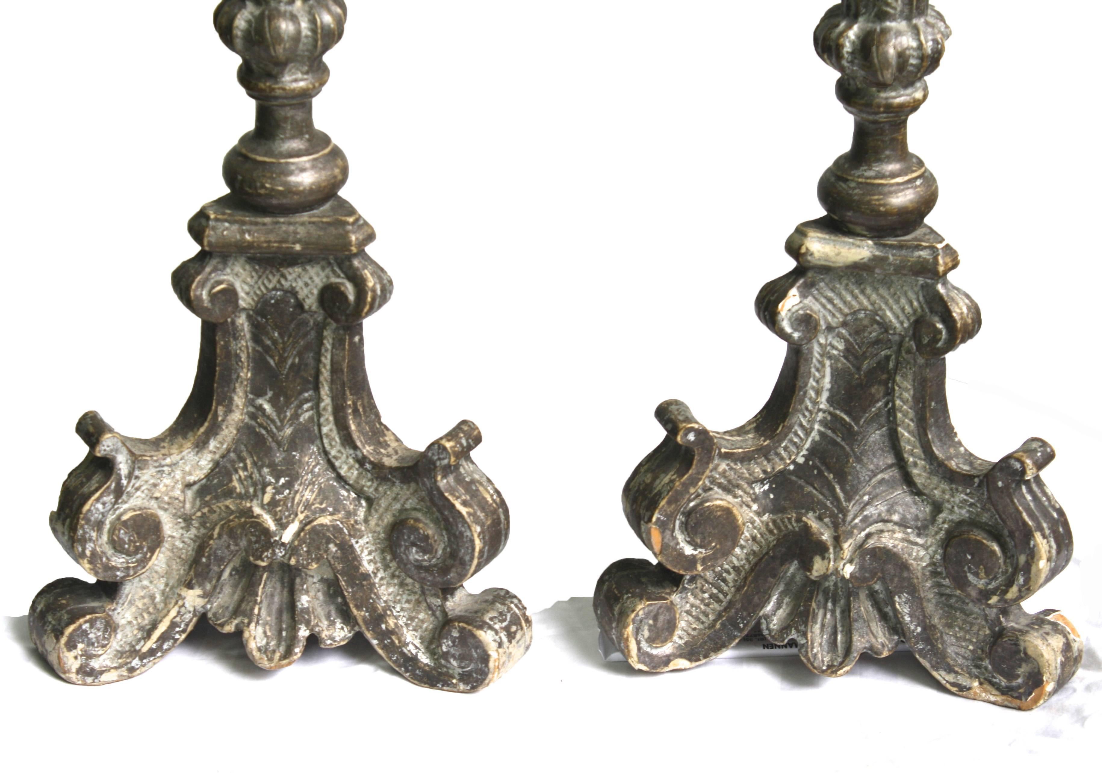 Wood PAIR Italian Baroque Silver Gilt Prickets For Sale