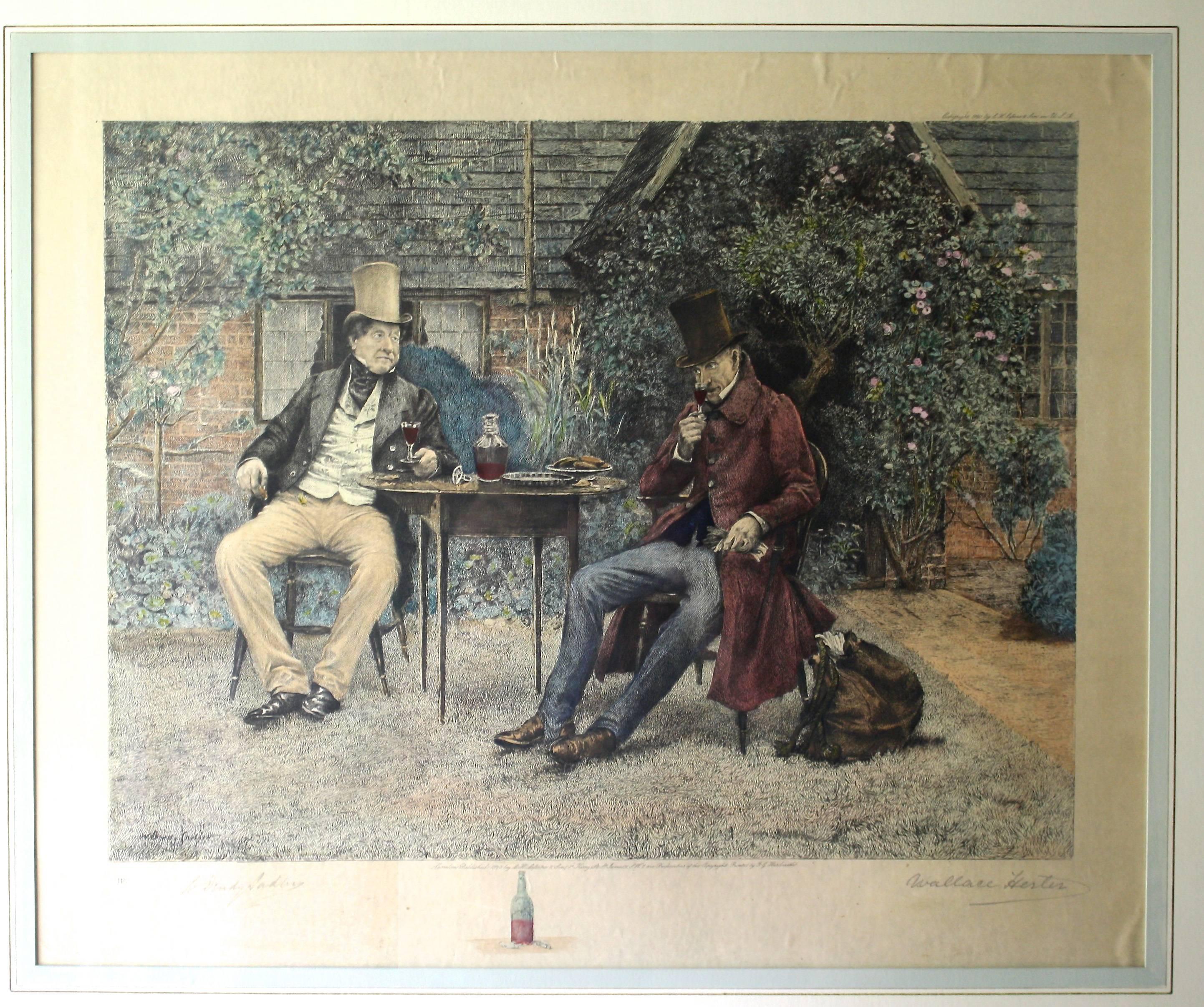 After an Edwardian period W. Dendy Sadler painting of two gentlemen in a garden, a framed and matted Wallace Hester hand colored etching produced by L. H. LeFevre & Son, of King St. London, in 1920.  Signed by both Sadler and Hester.  Ex: a