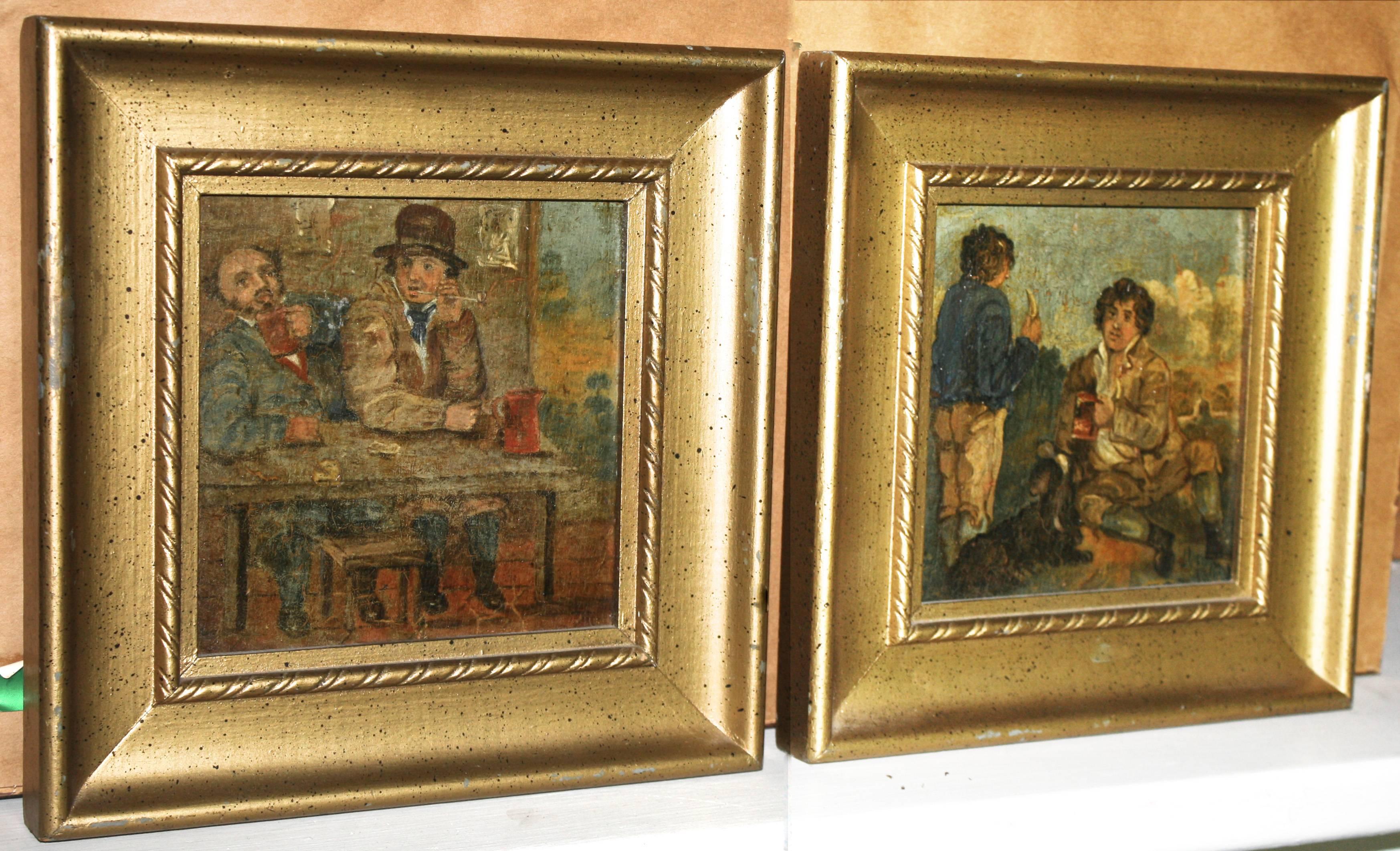 A pair of small 6 inches x 6 inches unsigned oil on board paintings of the same fellow drinking with two different friends. Rappaport, hand printed in chalk, appears on the rear of each frame. Ex: a Litchfield County, Connecticut collection of
