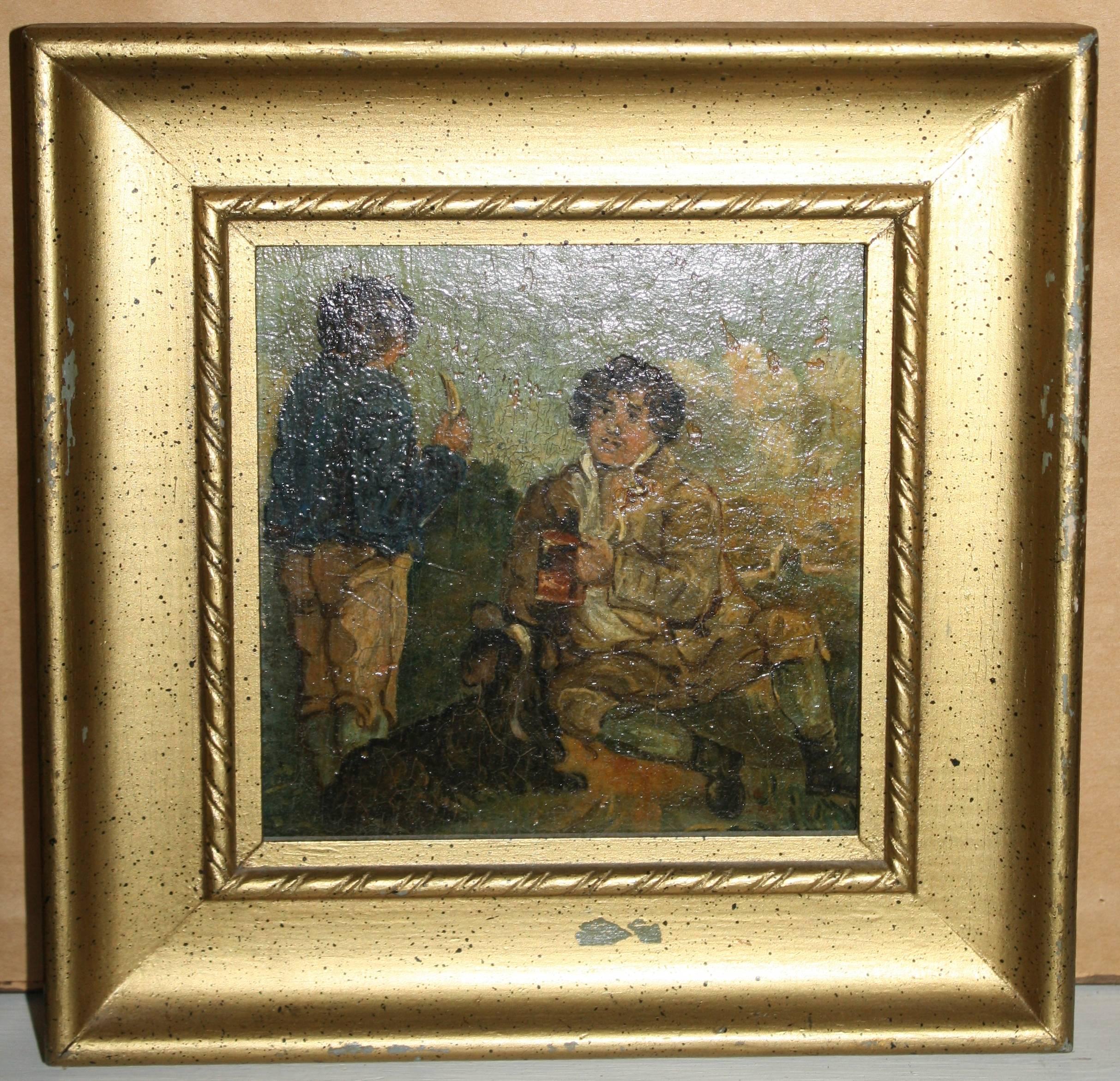 Painted PAIR Dickensian Oil on Board Paintings For Sale