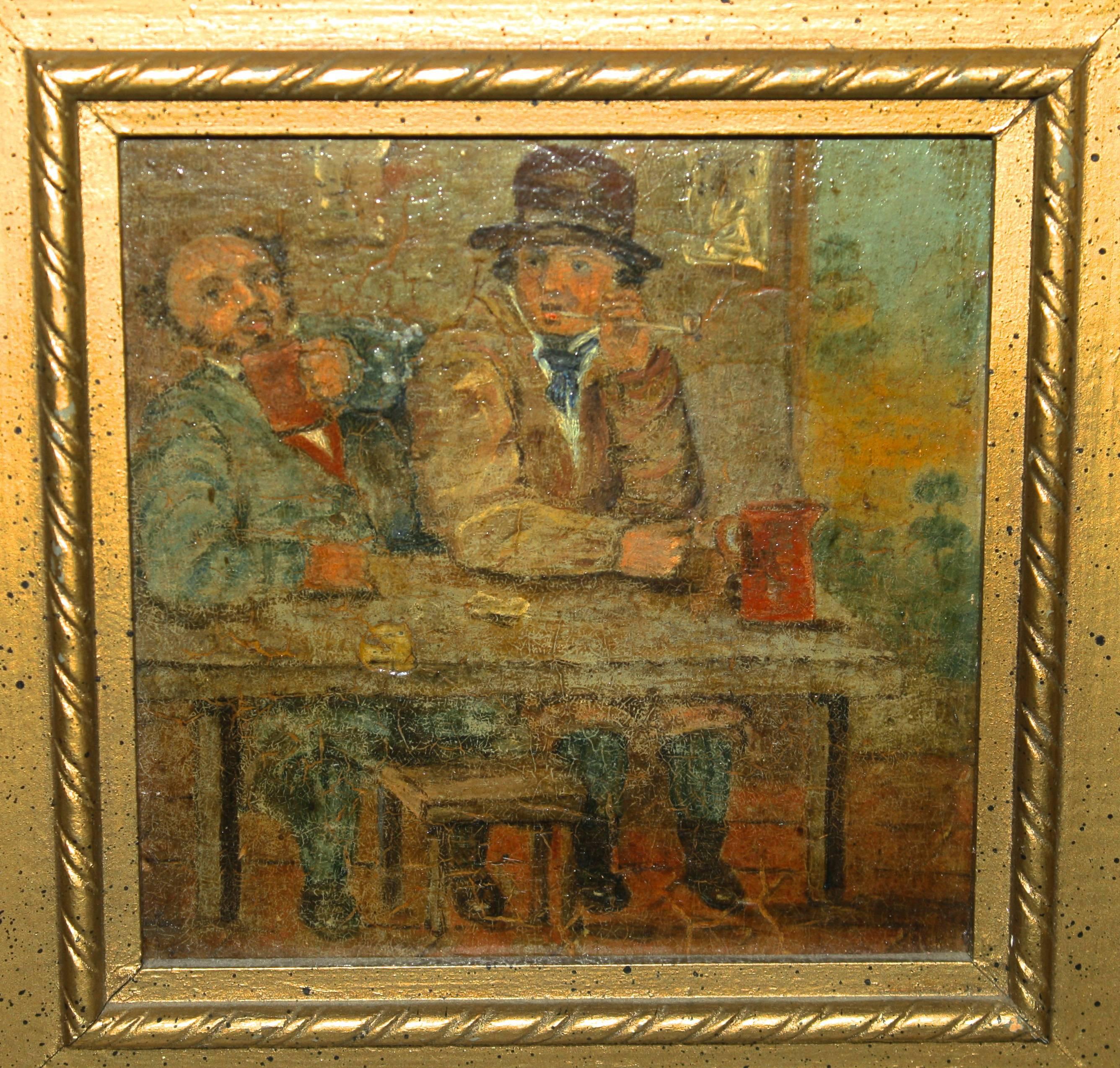 PAIR Dickensian Oil on Board Paintings In Good Condition For Sale In Woodbury, CT