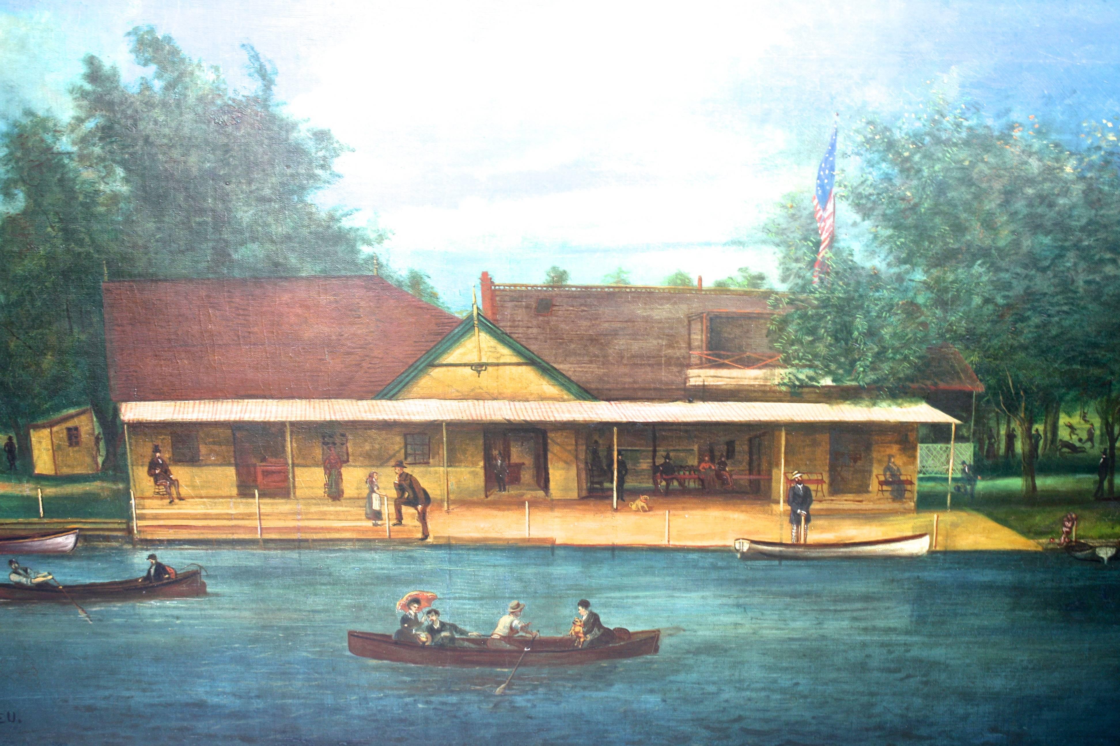 A framed oil on canvas of an historical 'casino' boathouse on the Pawtuxet River
in the state of Rhode Island; signed lower left and dated 1891. The canvas on stretcher measures 48 inches x 25 inches.
Provenance: collection of the late Marguerite