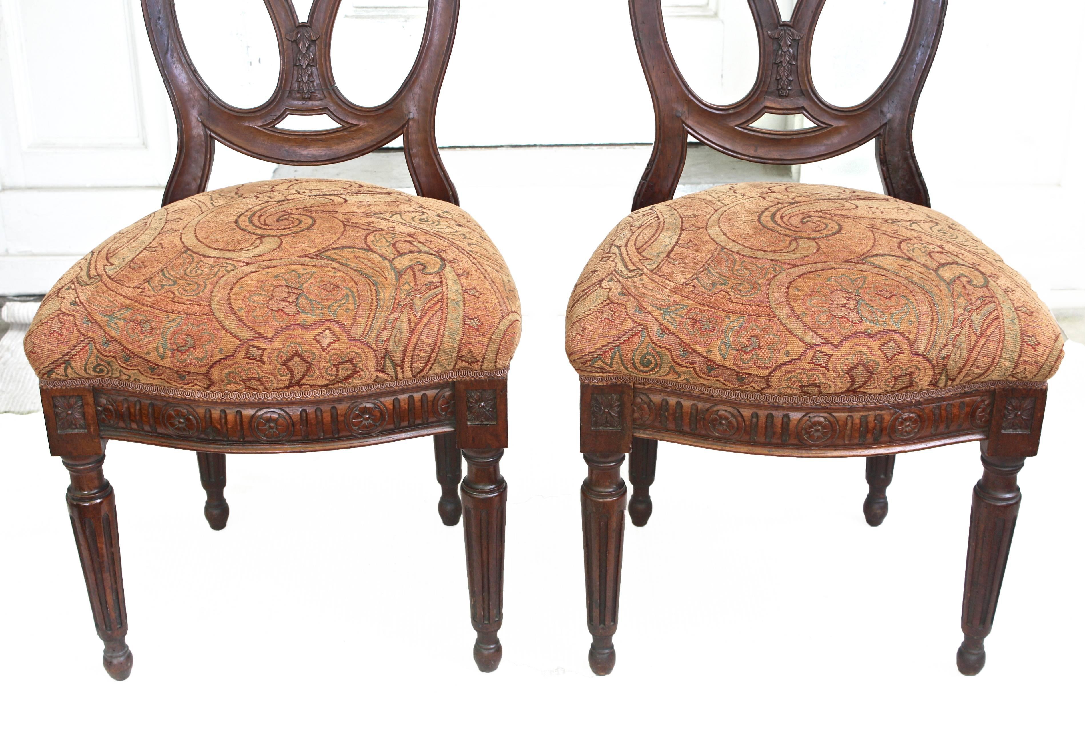 Upholstery Pair of Italian Neoclassical Walnut Side Chairs For Sale