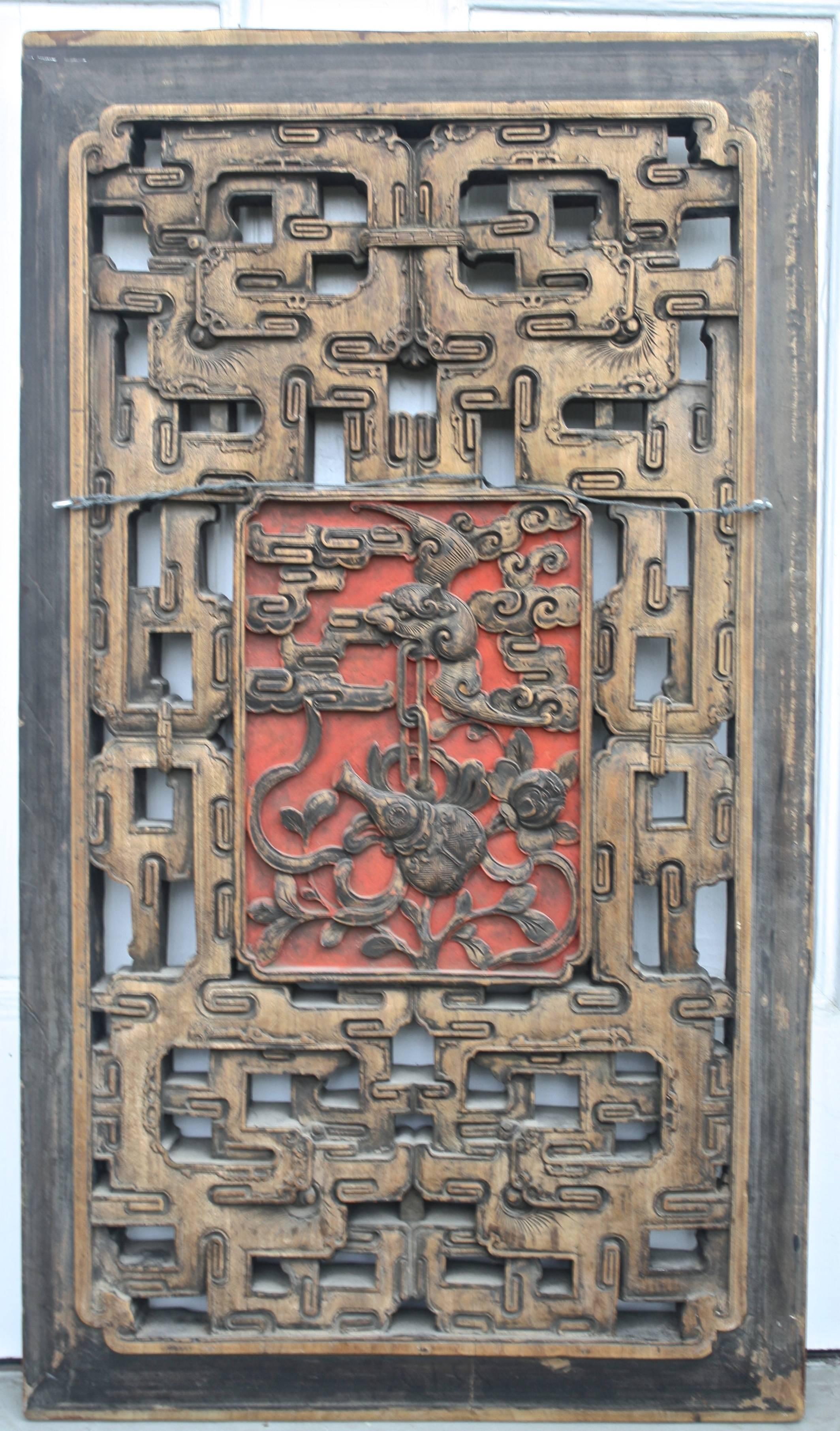 Wood Chinese 'Guardian Lion' Door Panel For Sale