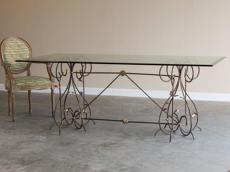 Vintage French Hand Gilded Iron Table, Glass Top at 1stDibs