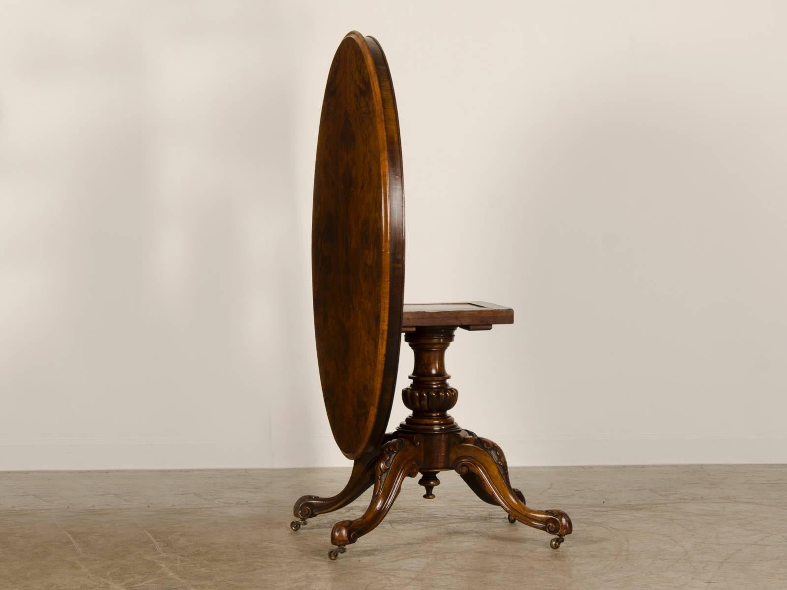 Gorgeous Burl Walnut English Oval Tilt Top Table, Original Casters, circa 1865 3
