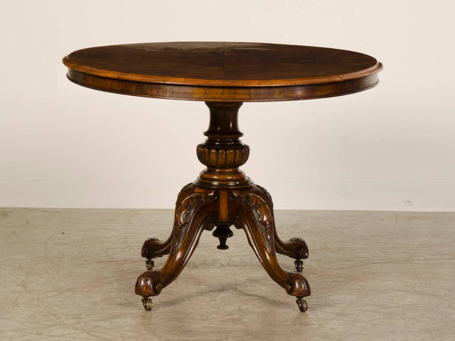 Burl Walnut English Oval Tilt Top Table, Original Casters