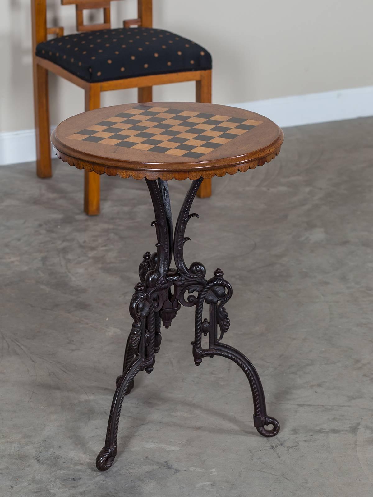 Walnut Antique French Chess Board Top Iron Table, circa 1880