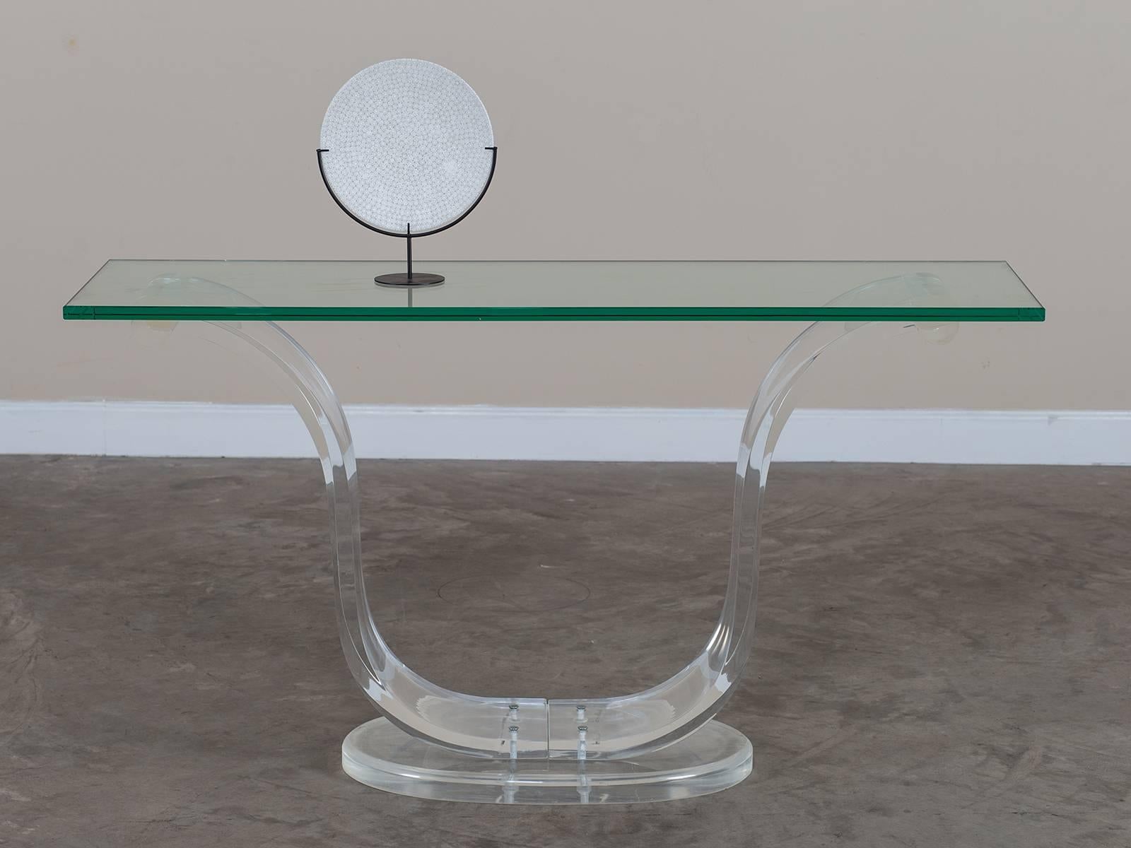 Vintage Lucite and Glass French Console Table, circa 1970 In Excellent Condition In Houston, TX