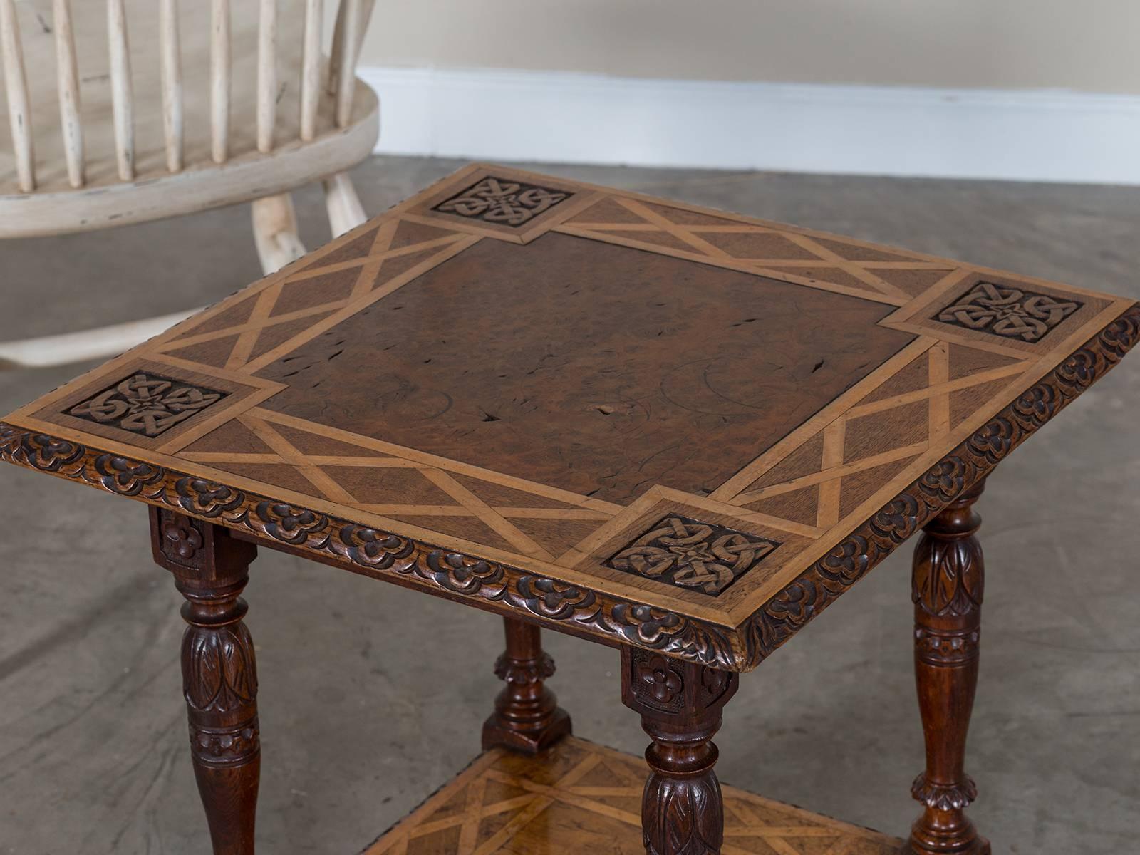 Antique English Arts and Crafts Oak, Burl Walnut & Satinwood Table, circa 1890 In Excellent Condition In Houston, TX