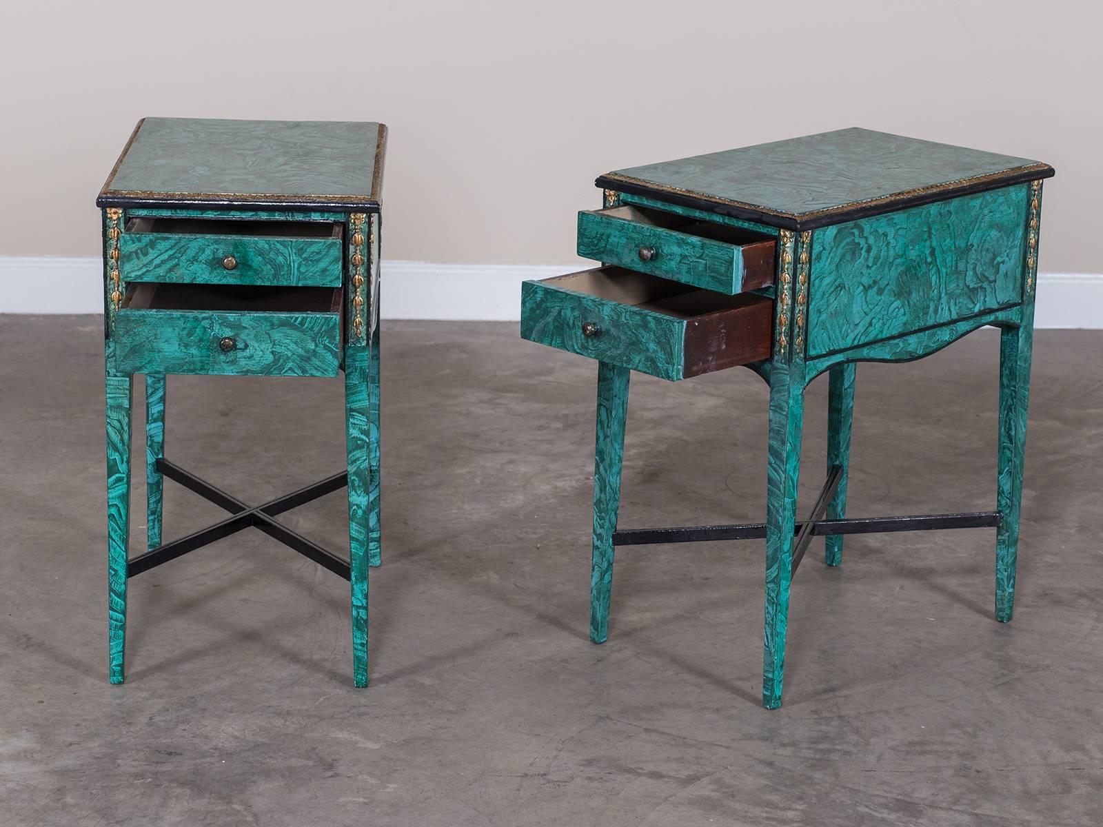 Hollywood Regency Pair of Vintage English Painted Side Tables, Gilt Accents, circa 1940