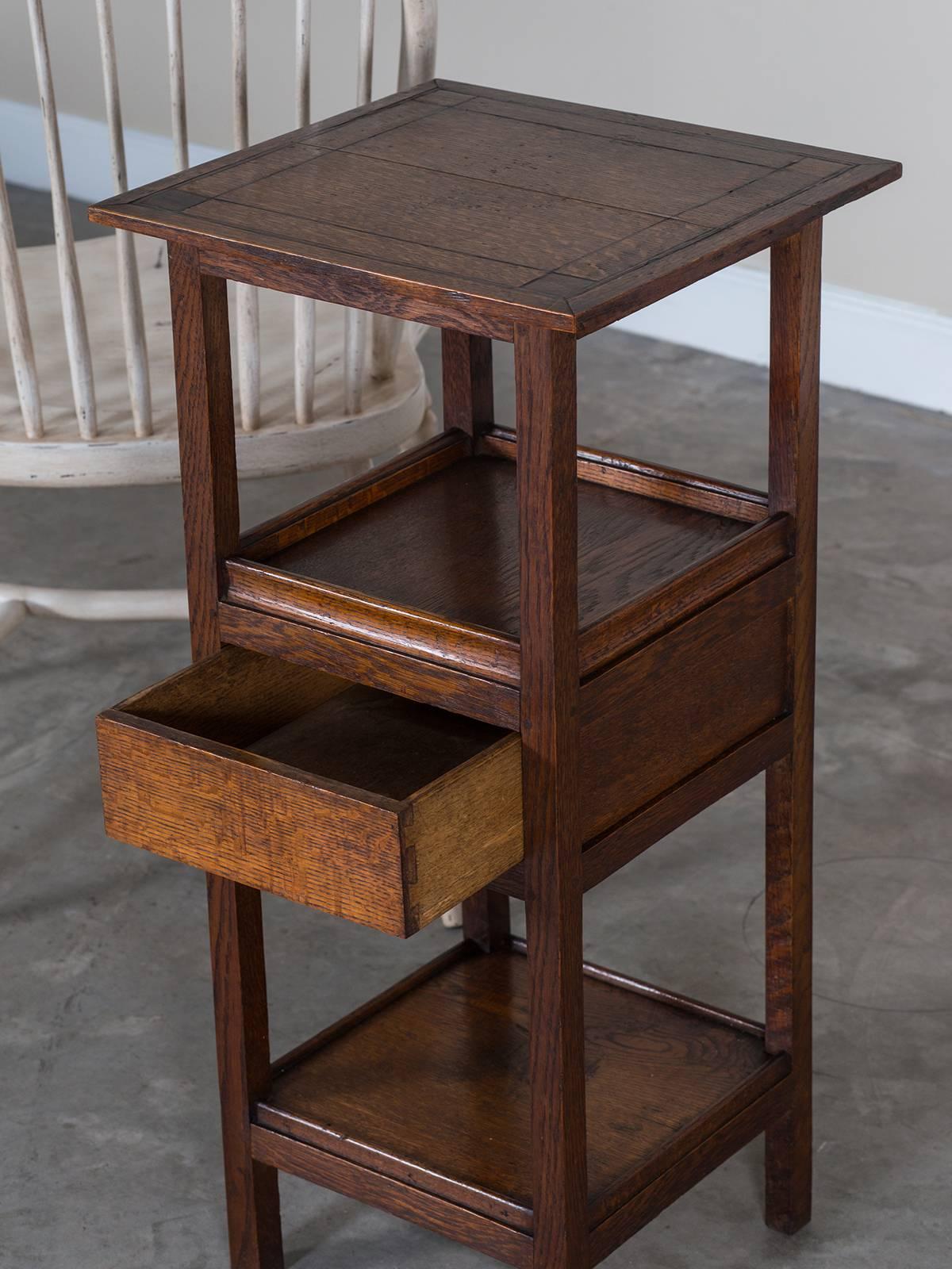 Late 19th Century Antique English Arts and Crafts Three-Tier Oak Table, Hidden Drawer, circa 1885