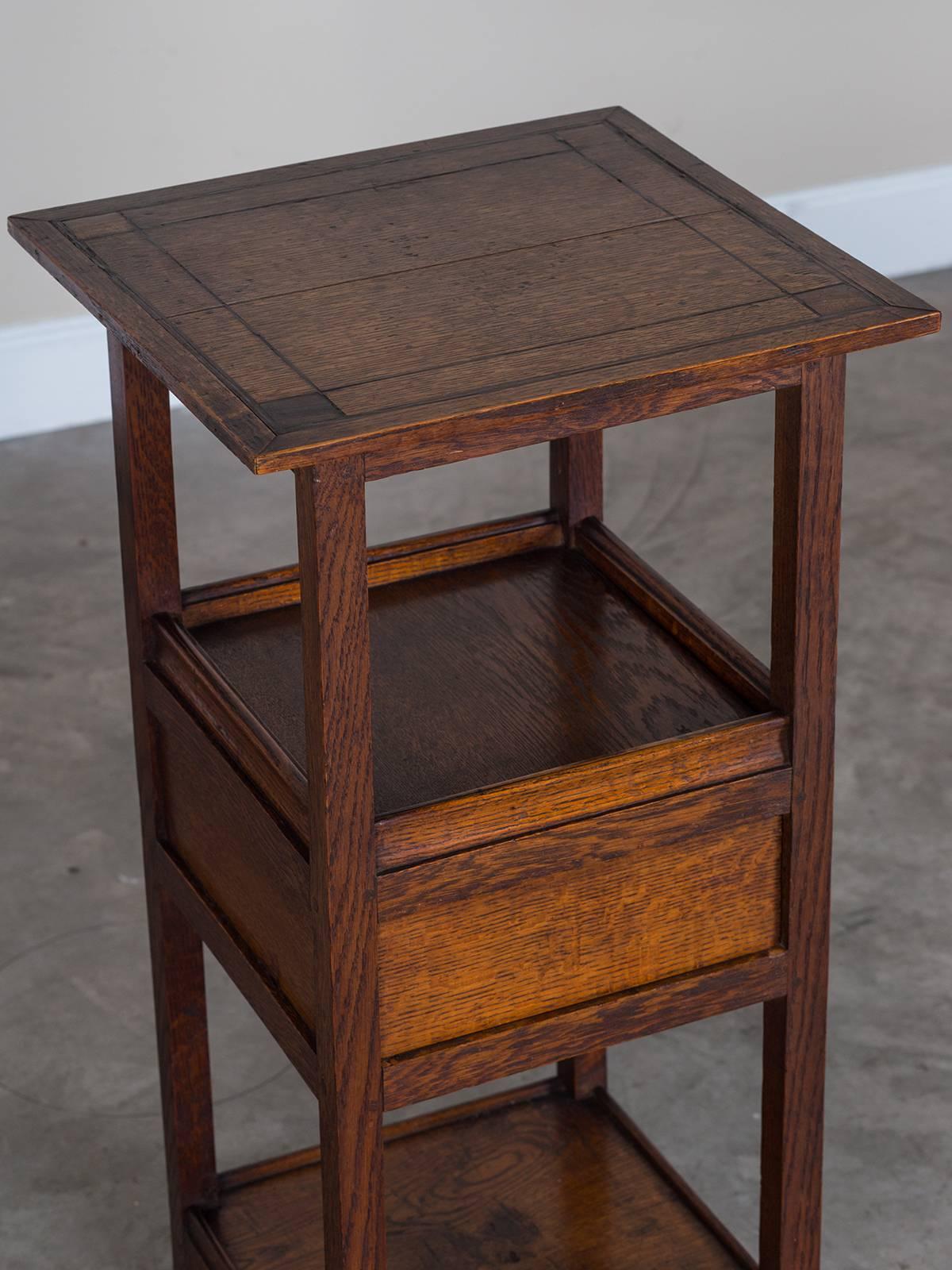 Antique English Arts and Crafts Three-Tier Oak Table, Hidden Drawer, circa 1885 In Excellent Condition In Houston, TX