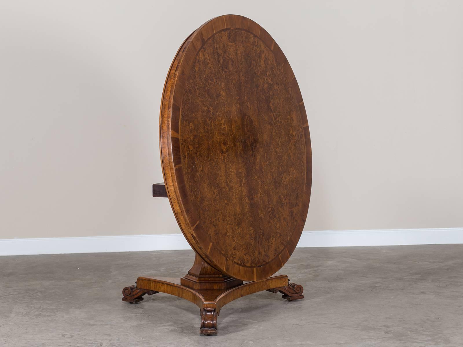 William IV Antique English Pollard Oak and Yew Tilt Top Table, circa 1840