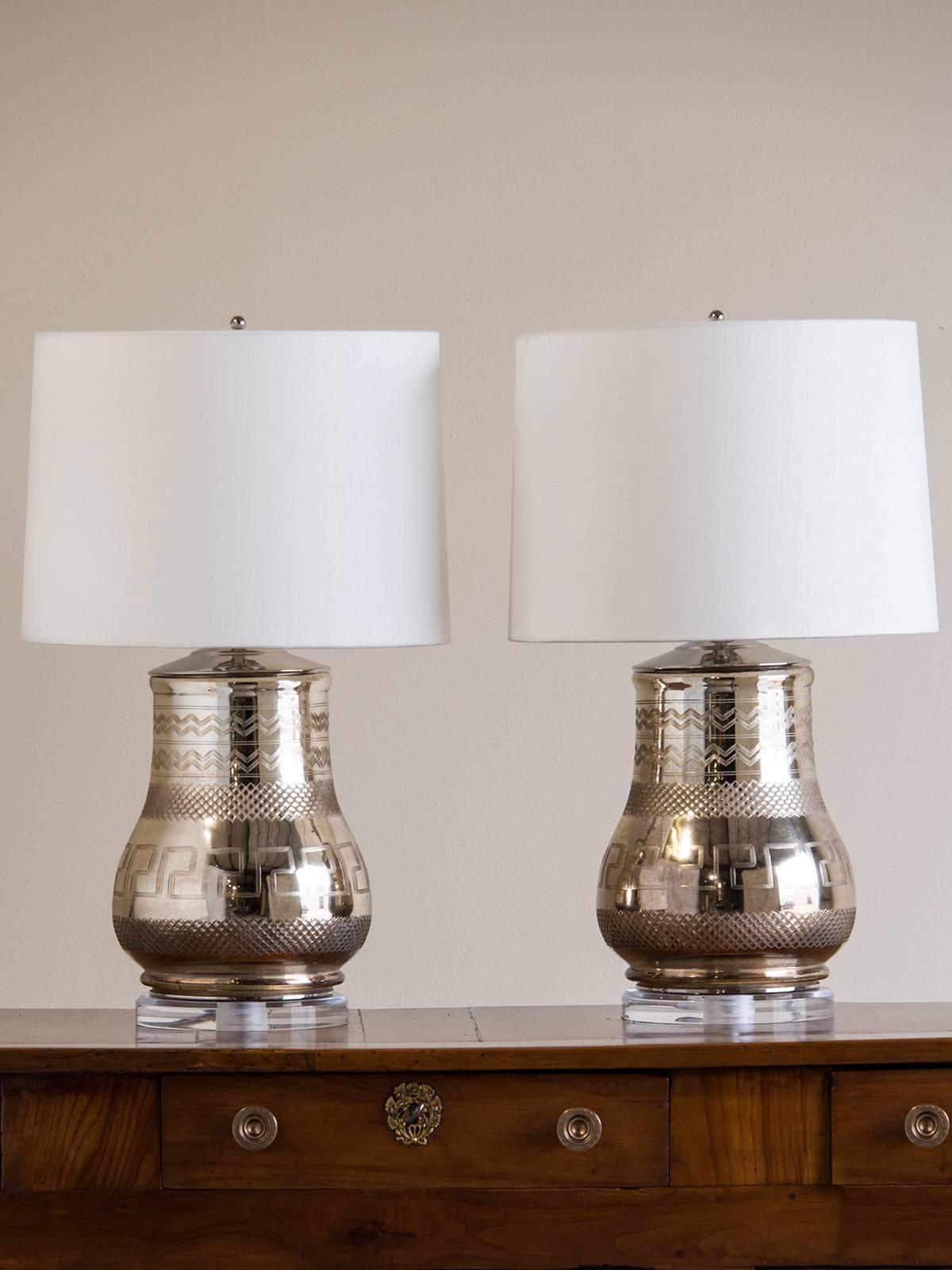 Receive our new selections direct from 1stdibs by email each week. Please click Follow Dealer below and see them first!

Pair of etched mirror vases mounted as contemporary lamps on a Lucite base, France.