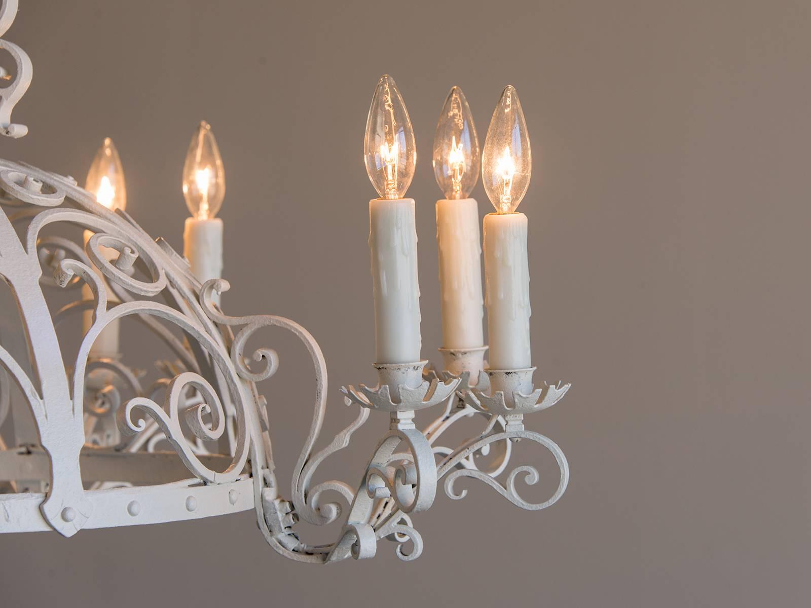 Early 20th Century Antique French Forged Iron Painted Chandelier, Twelve Lights, circa 1910