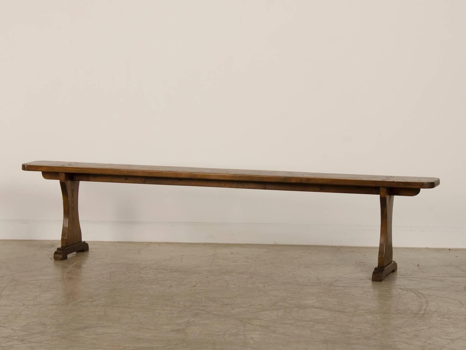 Country Long, Shallow Solid Pine English Bench, Two Shaped Support Legs, circa 1840